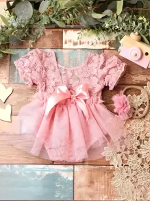 嬰兒後綁帶蝴蝶結網紗拼接連體衣帶配件髮箍拍攝套裝 - 藕粉色 - 查看 6