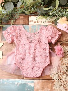 嬰兒後綁帶蝴蝶結網紗拼接連體衣帶配件髮箍拍攝套裝 - 藕粉色 - 查看 5