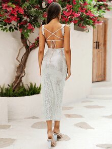 高衩亮片吊帶洋裝 - 銀色 - 查看 2