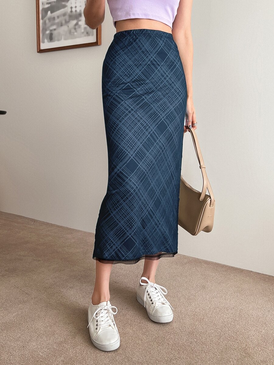 DAZY 格紋印花對比網眼彈性腰裙 - 藏蓝色 - 查看 1