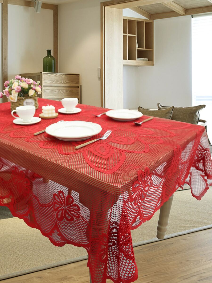 1pc Christmas Hollow Out Lace Design Tablecloth - Red - View 1
