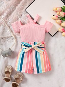 Baby Cold Shoulder Tee & Block Striped Paperbag Waist Belted Shorts - Multicolor - View 1