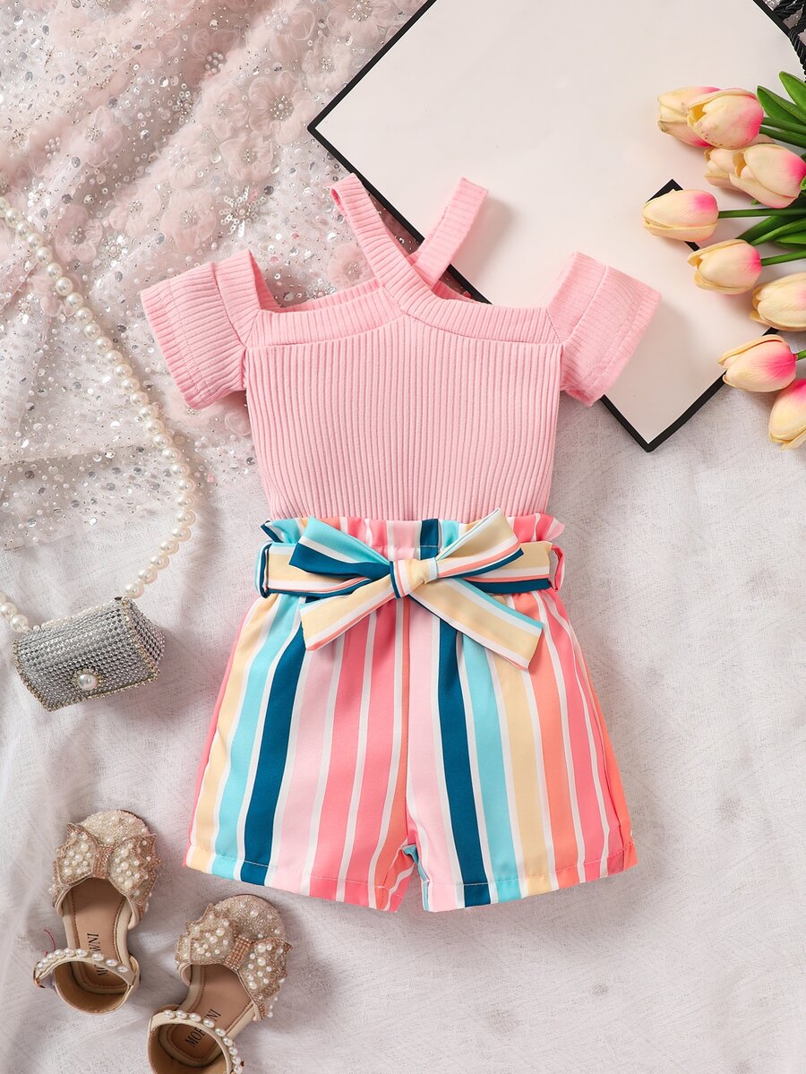 Baby Cold Shoulder Tee & Block Striped Paperbag Waist Belted Shorts - Multicolor - View 1