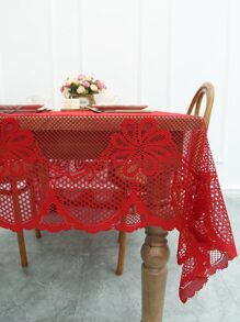 1pc Christmas Hollow Out Lace Design Tablecloth - Red - View 2