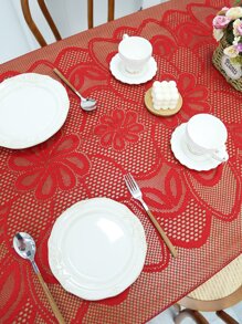 1pc Christmas Hollow Out Lace Design Tablecloth - Red - View 6