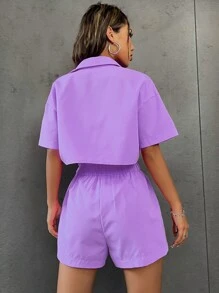 Flirla Solid Button Front Crop Shirt & Paperbag Waist Shorts