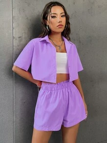 Flirla Solid Button Front Crop Shirt & Paperbag Waist Shorts