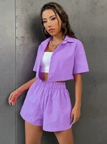 Flirla Solid Button Front Crop Shirt & Paperbag Waist Shorts