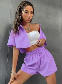 Flirla Solid Button Front Crop Shirt & Paperbag Waist Shorts