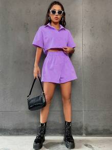 Flirla Solid Button Front Crop Shirt & Paperbag Waist Shorts