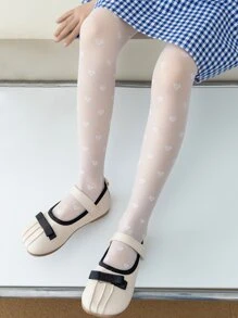 1雙小女童愛心刺繡時尚褲襪適用於日常 - 白色 - 查看 6