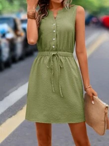 SHEIN LUNE Solid Button Front Knot Waist Dress - Olive Green - View 3