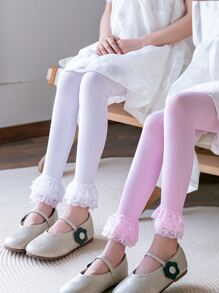 2雙小女童素色蕾絲邊可愛褲襪適用於日常 - 彩色 - 查看 1