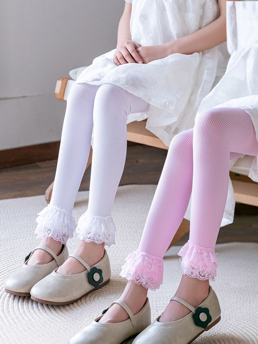 2雙小女童素色蕾絲邊可愛褲襪適用於日常 - 彩色 - 查看 1