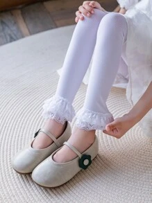 2雙小女童素色蕾絲邊可愛褲襪適用於日常 - 彩色 - 查看 4