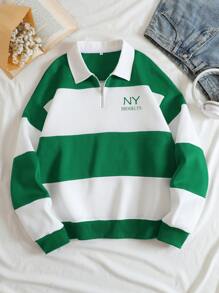 SHEIN EZwear Quần áo thể thao nữ Dây kéo Tương phản ren Thêu Khối Màu Lá thư Giải trí - màu xanh lá - Xem 1