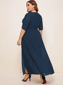 SHEIN Belle Plus Surplice Neck Belted Wrap Bridesmaid Dress - Navy Blue - View 2