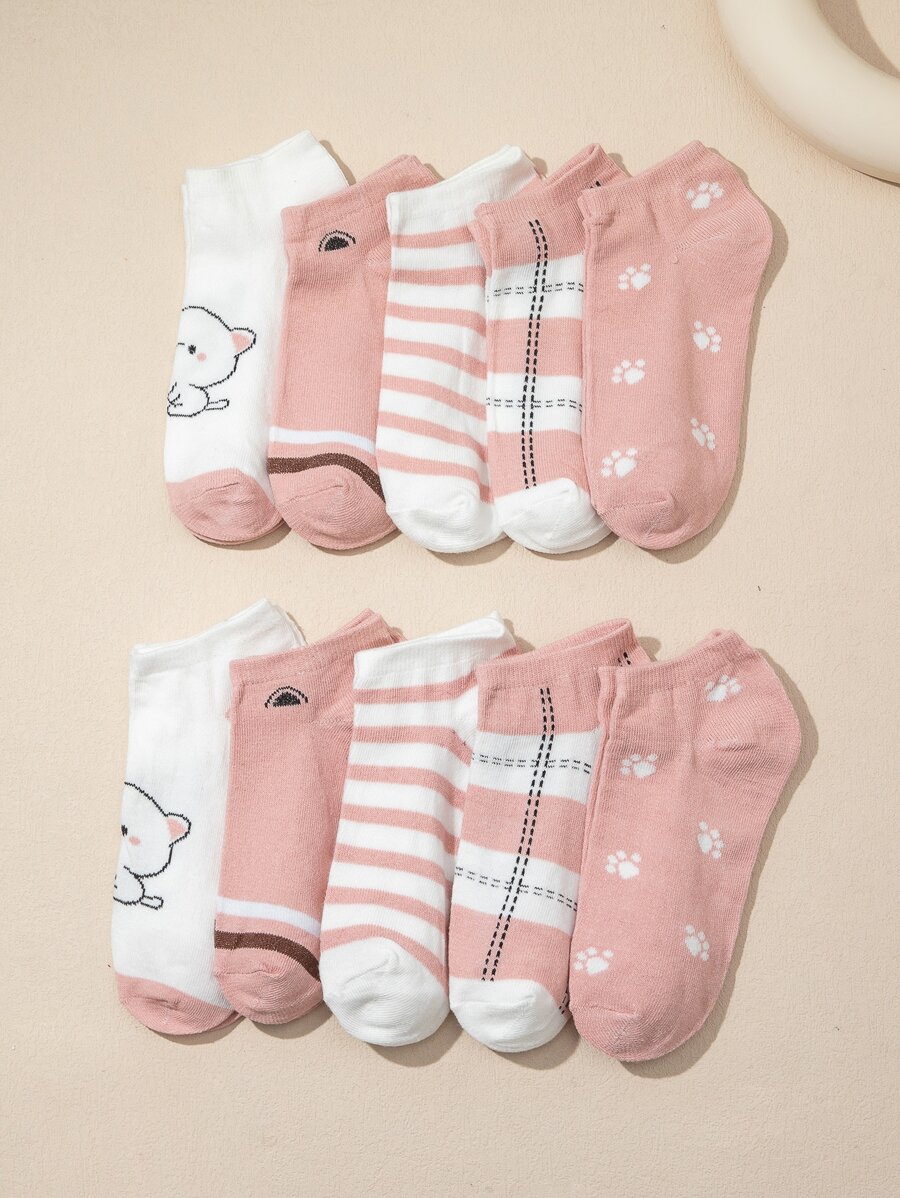 10pairs Girls Cartoon Cat & Striped Pattern Cute Ankle Socks For Daily Life