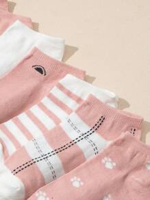 10pairs Girls Cartoon Cat & Striped Pattern Cute Ankle Socks For Daily Life - Multicolor - View 4