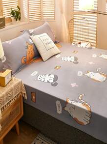 1pc Cat Pattern Fitted Sheet, Modern Fabric Fitted Bottom Sheet For Bedroom - Multicolor - View 5