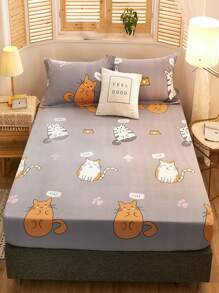 1pc Cat Pattern Fitted Sheet, Modern Fabric Fitted Bottom Sheet For Bedroom - Multicolor - View 6