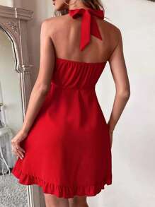 荷葉邊側繫帶圍裹式連衣裙 - 紅色 - 查看 2