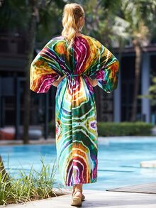 紮染圖案腰帶和服罩衫屋洋裝 - 彩色 - 查看 4