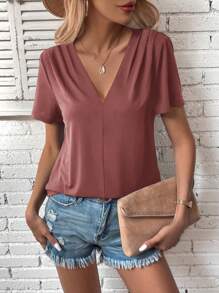 SHEIN LUNE Áo thun nữ màu trơn Giải trí - Gỗ đỏ - Xem 1