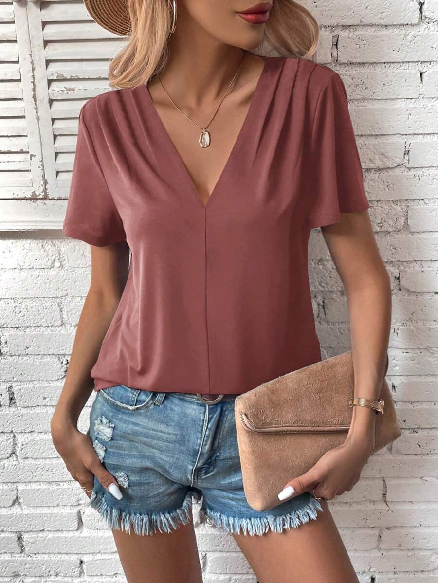 SHEIN LUNE Áo thun nữ màu trơn Giải trí - Gỗ đỏ - Xem 1