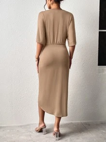 SHEIN Clasi Solid Batwing Sleeve Wrap Hem Dress - Mocha Brown - View 2