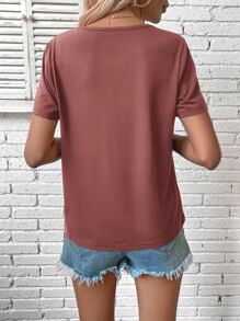SHEIN LUNE Áo thun nữ màu trơn Giải trí - Gỗ đỏ - Xem 2