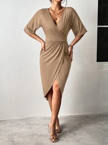 SHEIN Clasi Solid Batwing Sleeve Wrap Hem Dress - Mocha Brown - View 1
