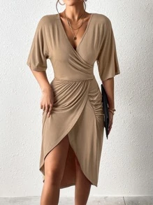 SHEIN Clasi Solid Batwing Sleeve Wrap Hem Dress - Mocha Brown - View 6