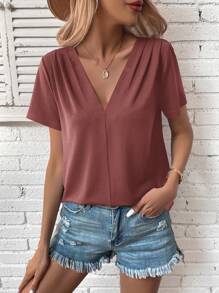 SHEIN LUNE Áo thun nữ màu trơn Giải trí - Gỗ đỏ - Xem 3