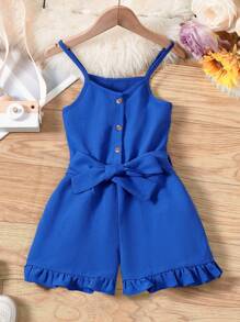 SHEIN 小女童素色荷葉邊腰帶吊帶連體短褲 - 寶藍色 - 查看 1