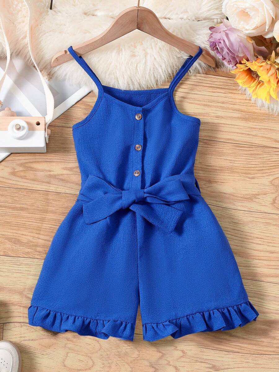 SHEIN 小女童素色荷葉邊腰帶吊帶連體短褲 - 寶藍色 - 查看 1