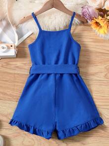 SHEIN 小女童素色荷葉邊腰帶吊帶連體短褲 - 寶藍色 - 查看 2