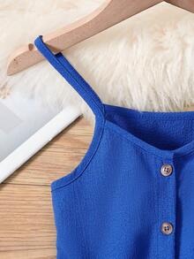 SHEIN 小女童素色荷葉邊腰帶吊帶連體短褲 - 寶藍色 - 查看 5