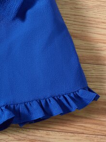 SHEIN 小女童素色荷葉邊腰帶吊帶連體短褲 - 寶藍色 - 查看 6