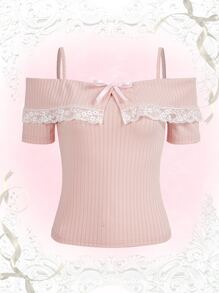 ROMWE Kawaii 对比色蕾丝露肩 T 恤，学校 - 粉色 - 查看 1