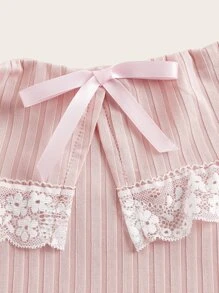 ROMWE Kawaii 对比色蕾丝露肩 T 恤，学校 - 粉色 - 查看 3