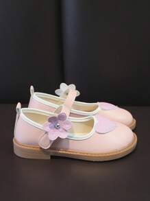 Preppy Mary Jane Flats For Girls, Heart Pattern Appliques Decor Contrast Binding Flats - Pink - View 1