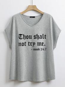 Mulvari Plus Slogan Graphic Batwing Sleeve Tee - Grey - View 1