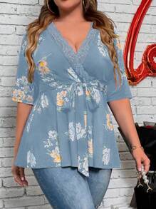 SHEIN Clasi Plus Floral Print Lace Trim Belted Tee - Baby Blue - View 3