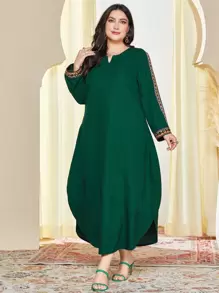 Al Najma Plus Contrast Tape Notched Neckline Curved Hem Dress - Dark Green - View 1