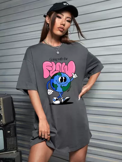 CROC Cartoon & Slogan Graphic Drop Shoulder Tee Dress
