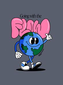 CROC 卡通和標語圖案落肩T恤洋裝 - 深灰色 - 查看 2