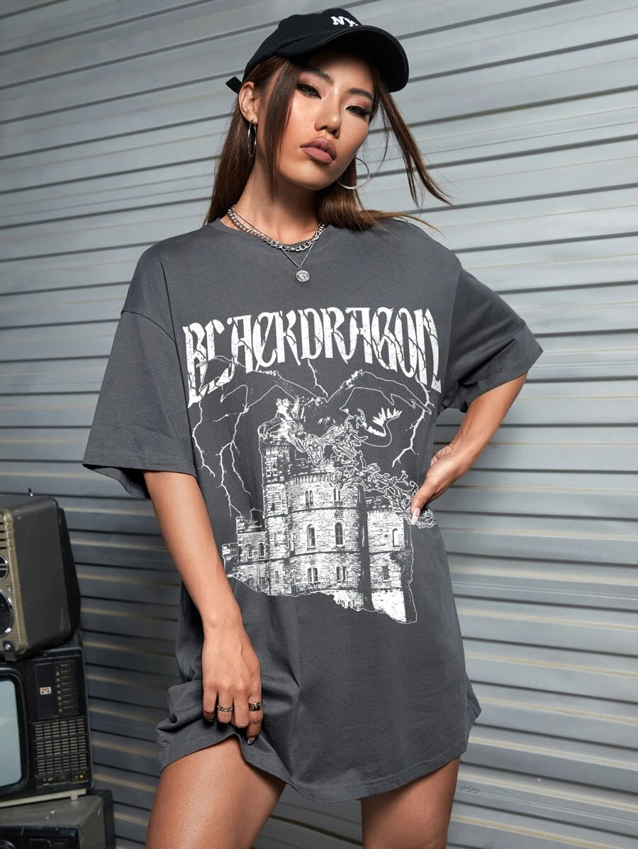 NickBaileyDesigns Building & Letter Graphic Drop Shoulder Oversize Tee - Dusty Blue - View 1
