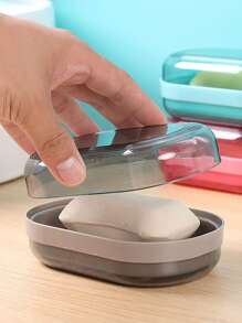 Jabonera de plástico con tapa de 1 pieza, soporte de jabonera gris moderno para baño - Gris - Ver 5