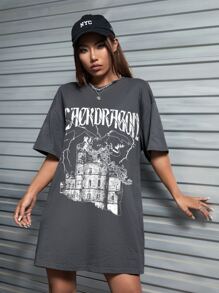 NickBaileyDesigns Building & Letter Graphic Drop Shoulder Oversize Tee - Dusty Blue - View 5